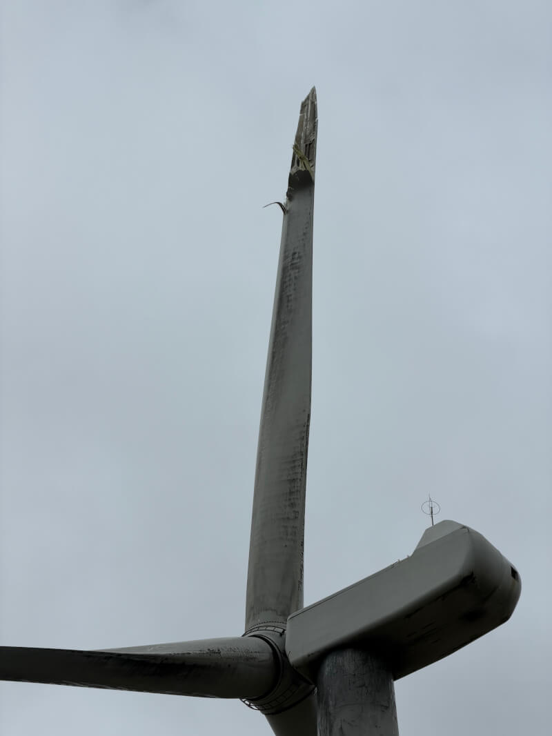 Close up of damaged wind turbine at Scout Moor